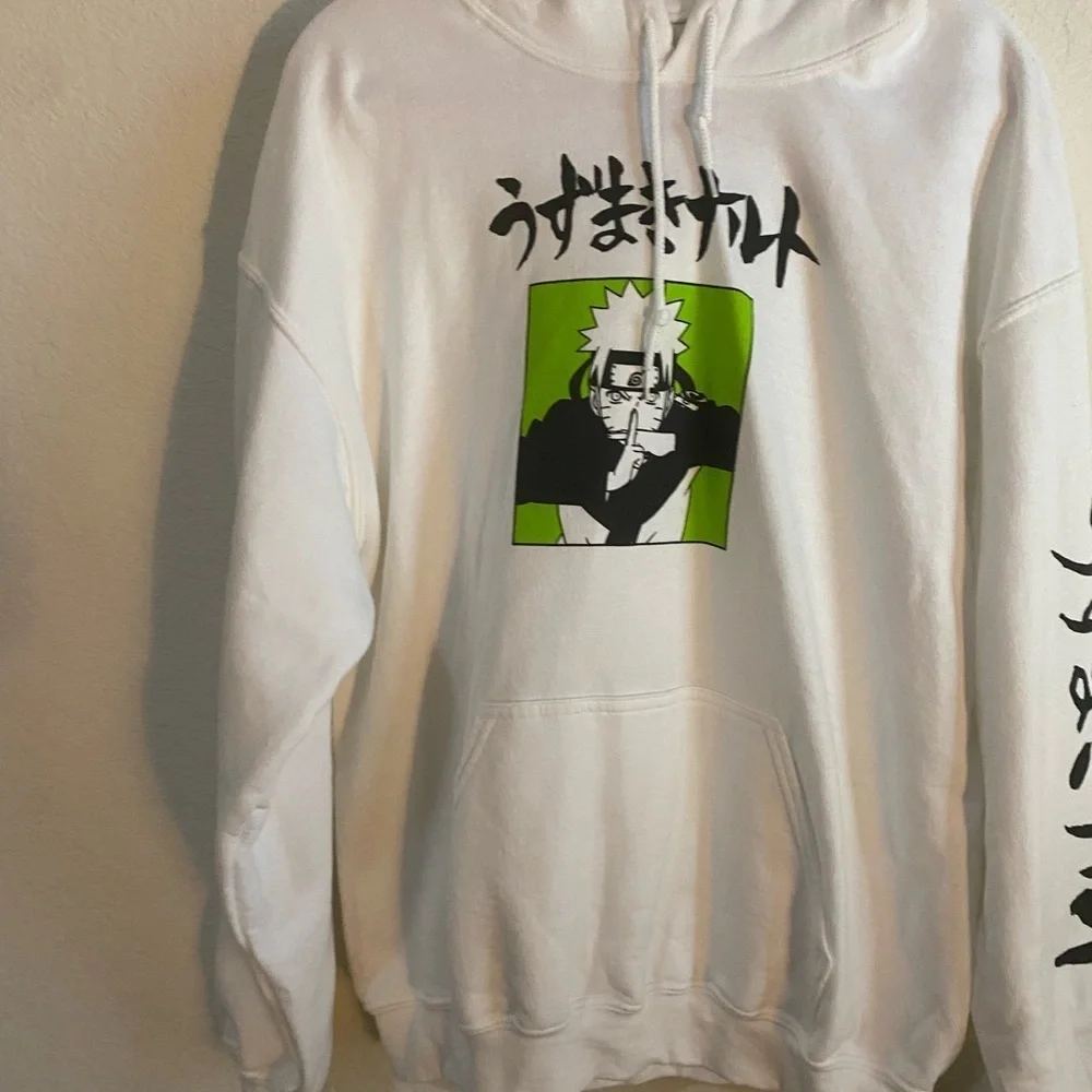 Naruto Shippuden Anime Manga Double Sided Graphic Hoodie White Sweatshirt L